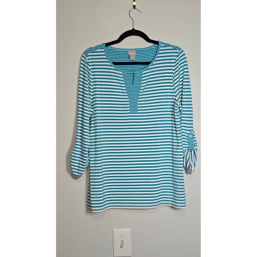 Chico's Striped Roll Tab Sleeve Top Size  M Turquoise Blue White Knit Split Neck
